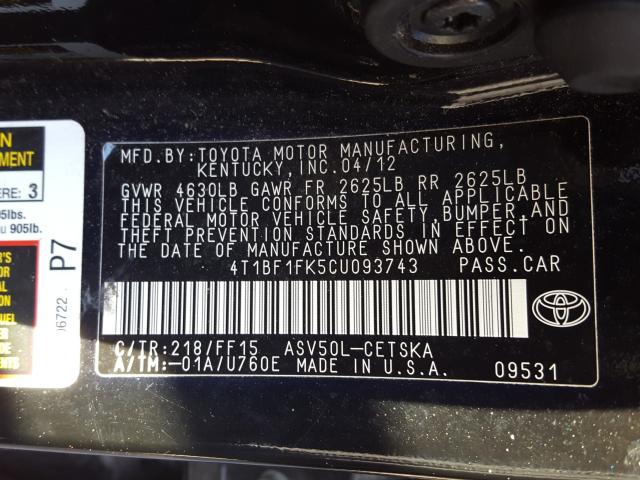 2012 TOYOTA CAMRY BASE 4T1BF1FK5CU093743