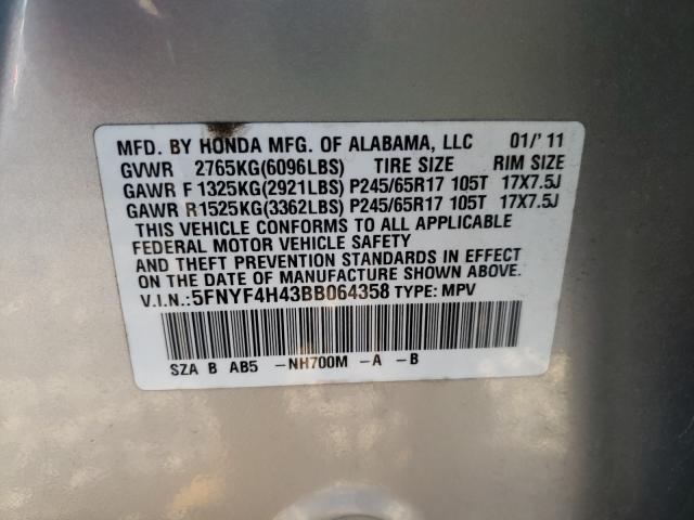 2011 HONDA PILOT EX 5FNYF4H43BB064358