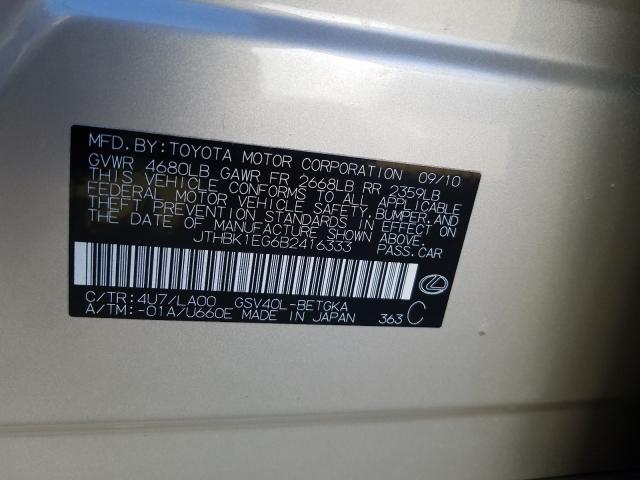 2011 LEXUS CT200H JTHBK1EG6B2416333