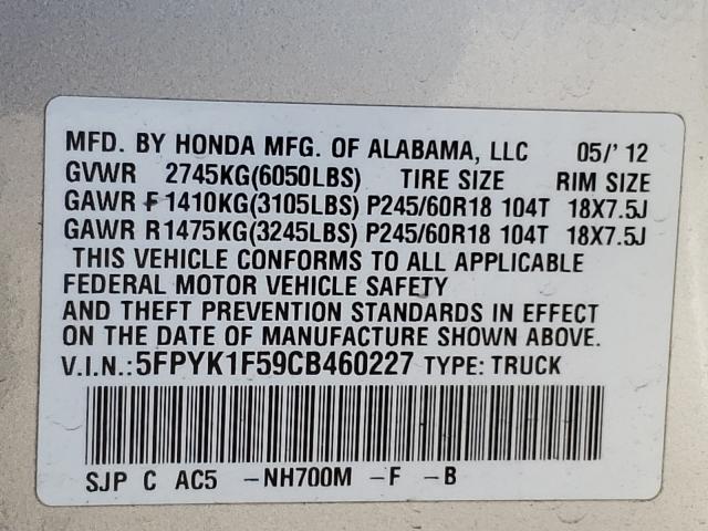 2012 HONDA RIDGELINE 5FPYK1F59CB460227