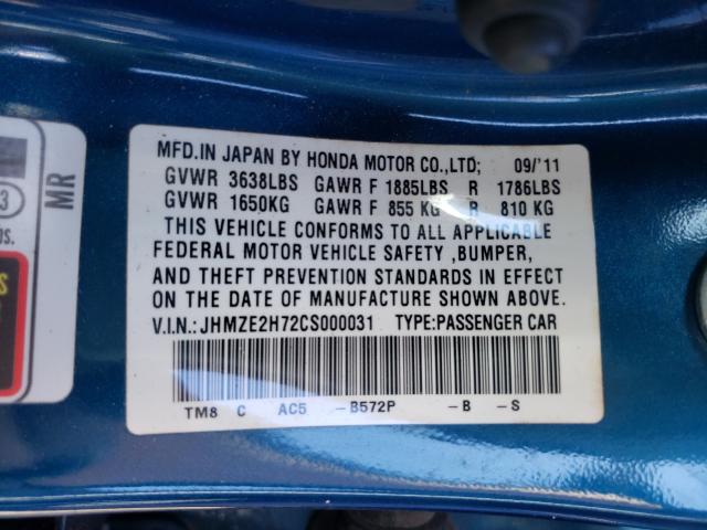 2012 HONDA INSIGHT EX JHMZE2H72CS000031