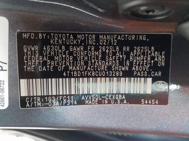 2012 TOYOTA CAMRY HYBR - 4T1BD1FK8CU013289
