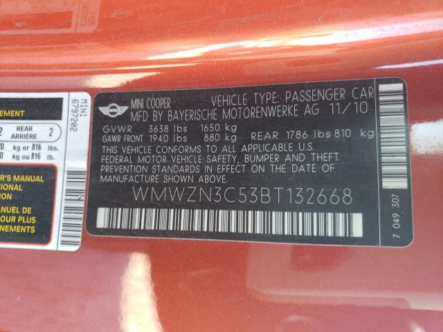 2011 MINI COOPER WMWZN3C53BT132668