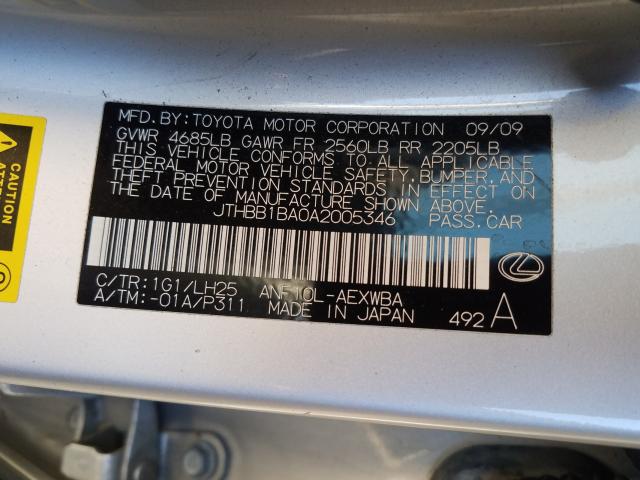 2010 LEXUS HS 250H JTHBB1BA0A2005346