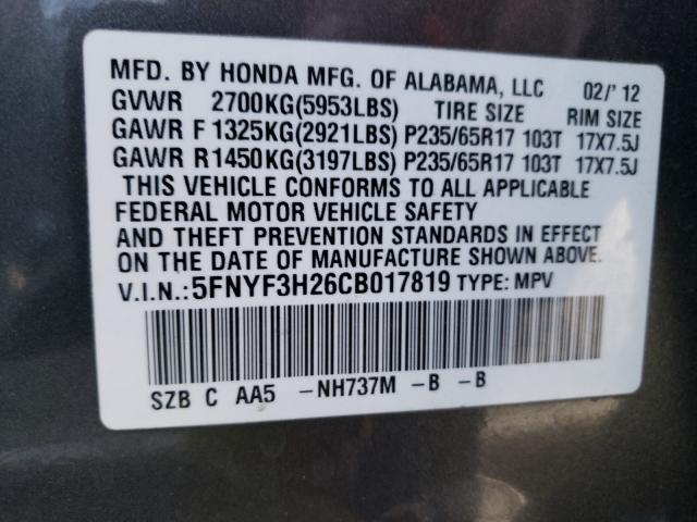 2012 HONDA PILOT LX 5FNYF3H26CB017819