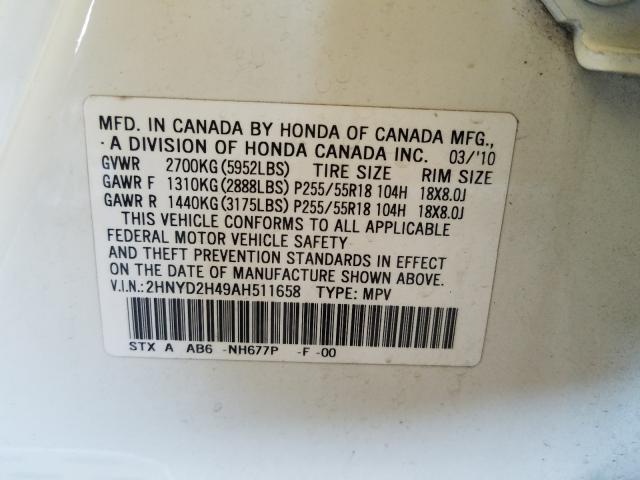 2010 ACURA MDX TECHNO 2HNYD2H49AH511658