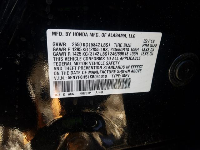 2019 HONDA PILOT EXL 5FNYF6H51KB064010