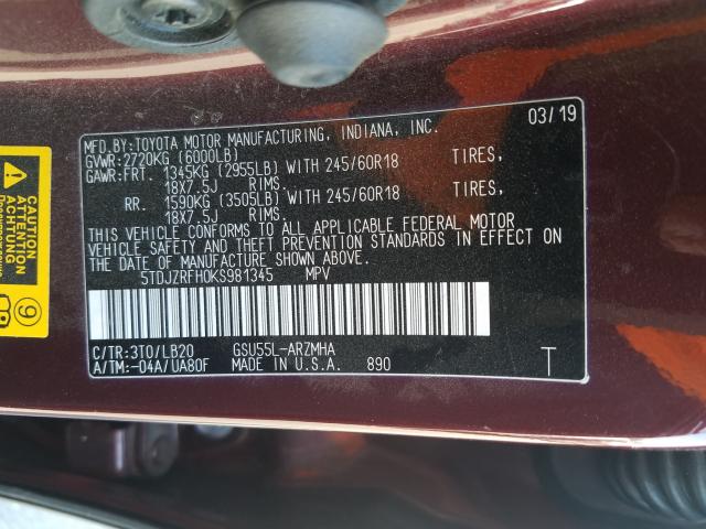 2019 TOYOTA HIGHLANDER - 5TDJZRFH0KS981345