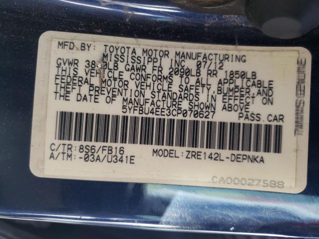 2012 TOYOTA COROLLA BA - 5YFBU4EE3CP070627