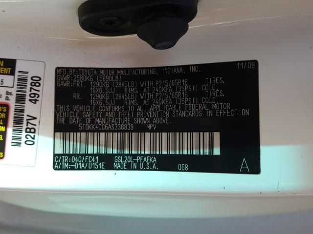 2010 TOYOTA SIENNA CE 5TDKK4CC6AS338839