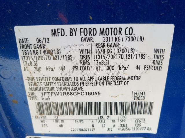2012 FORD F150 SVT R 1FTFW1R68CFC16055