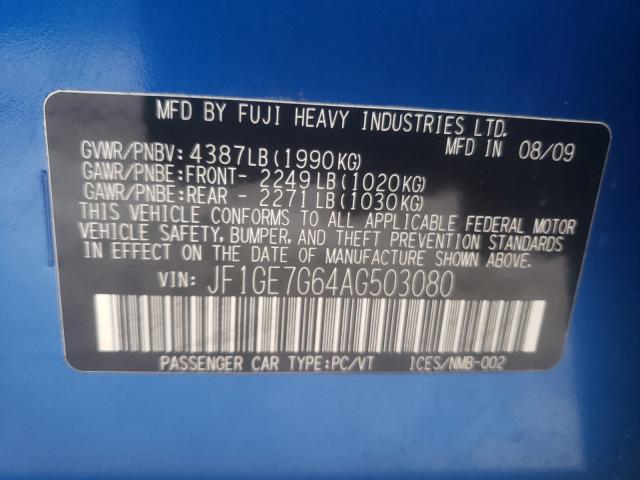 2010 SUBARU IMPREZA WR JF1GE7G64AG503080