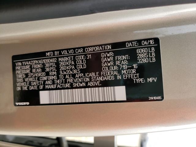 2016 VOLVO XC90 T6 YV4A22PK4G1090482