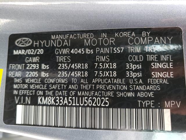 2020 HYUNDAI KONA LIMIT KM8K33A51LU562025