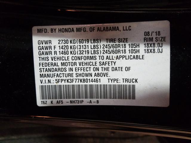 2019 HONDA RIDGELINE 5FPYK3F77KB014461