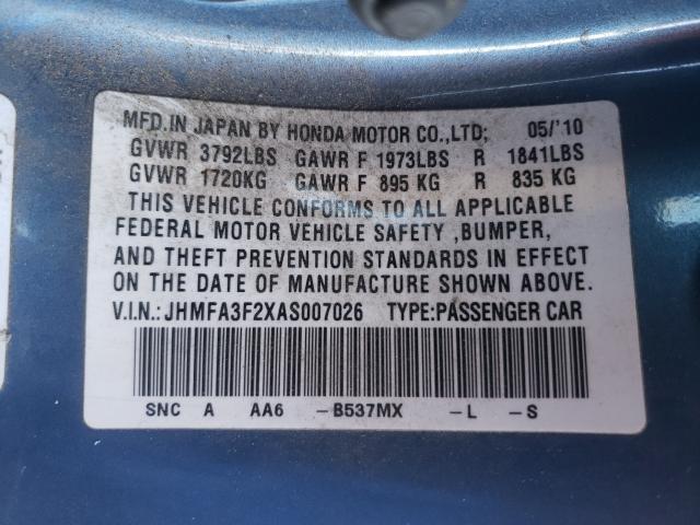 2010 HONDA CIVIC HYBR JHMFA3F2XAS007026