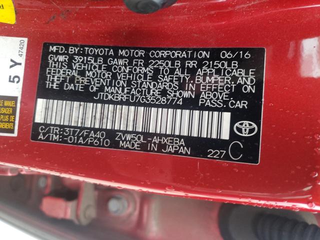 2016 TOYOTA PRIUS JTDKBRFU7G3528774