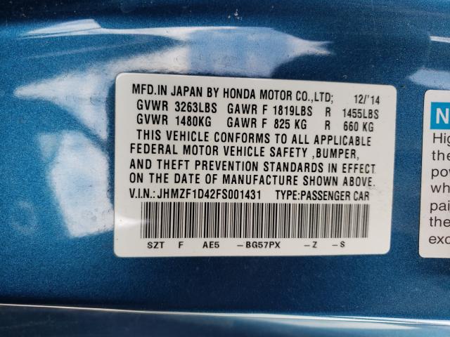 2015 HONDA CR-Z JHMZF1D42FS001431