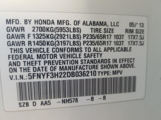 2013 HONDA PILOT LX 5FNYF3H22DB036210