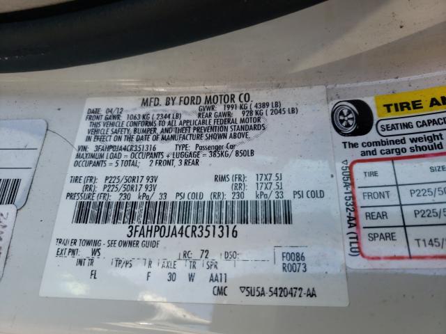 2012 FORD FUSION 3FAHP0JA4CR351316