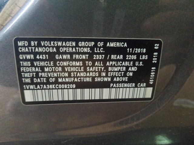 2019 VOLKSWAGEN PASSAT WOL 1VWLA7A36KC008209