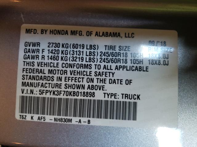 2019 HONDA RIDGELINE 5FPYK3F70KB018898