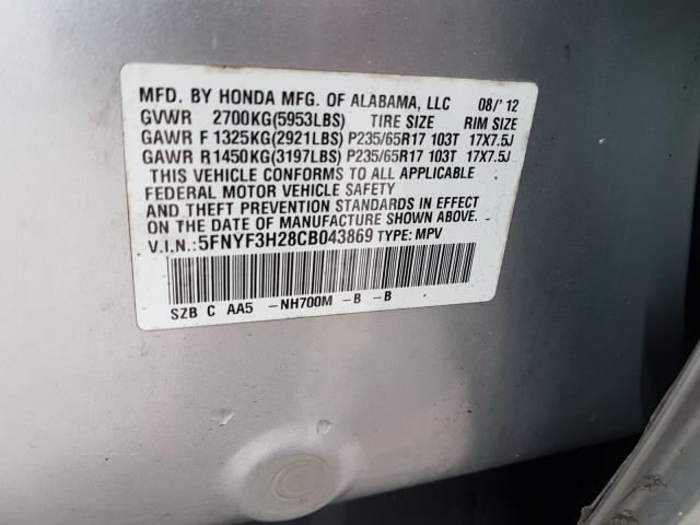 2012 HONDA PILOT LX 5FNYF3H28CB043869