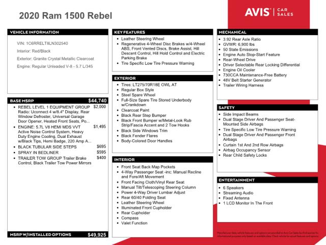 2020 RAM 1500 REBEL 1C6RRELT8LN302540