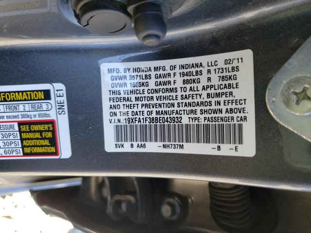 2011 HONDA CIVIC VP 19XFA1F38BE043932