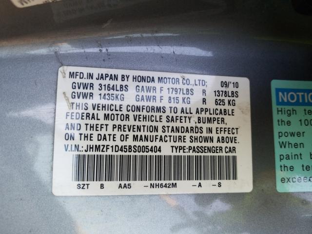 2011 HONDA CR-Z JHMZF1D45BS005404