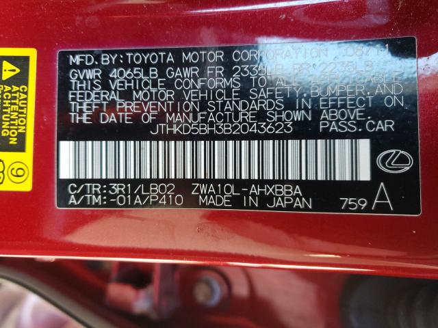 2011 LEXUS CT 200 JTHKD5BH3B2043623