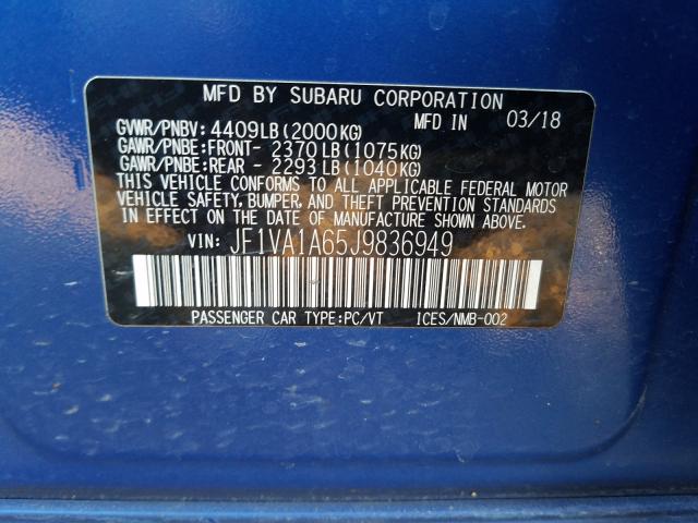 2018 SUBARU WRX JF1VA1A65J9836949