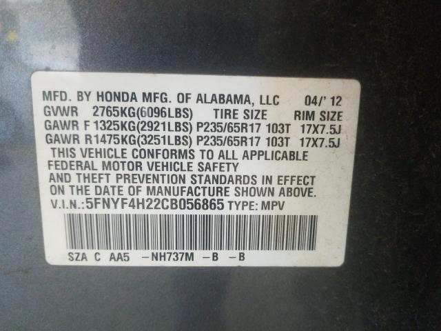 2012 HONDA PILOT LX 5FNYF4H22CB056865