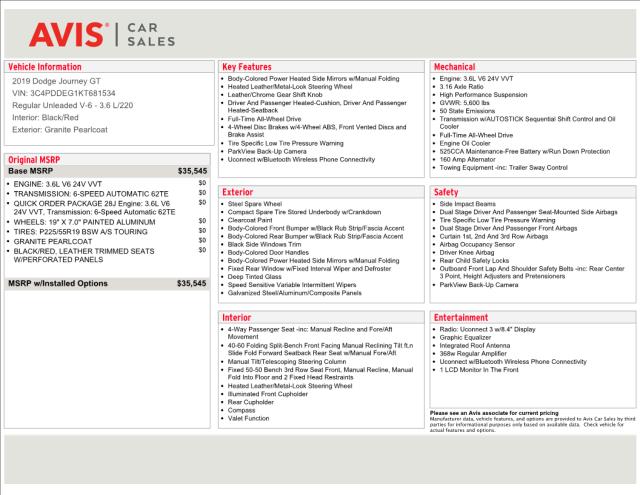 2019 DODGE JOURNEY GT 3C4PDDEG1KT681534