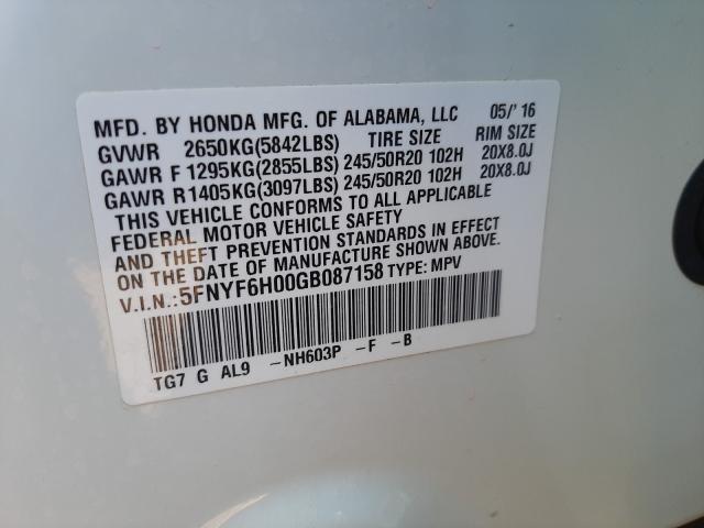2016 HONDA PILOT ELIT 5FNYF6H00GB087158