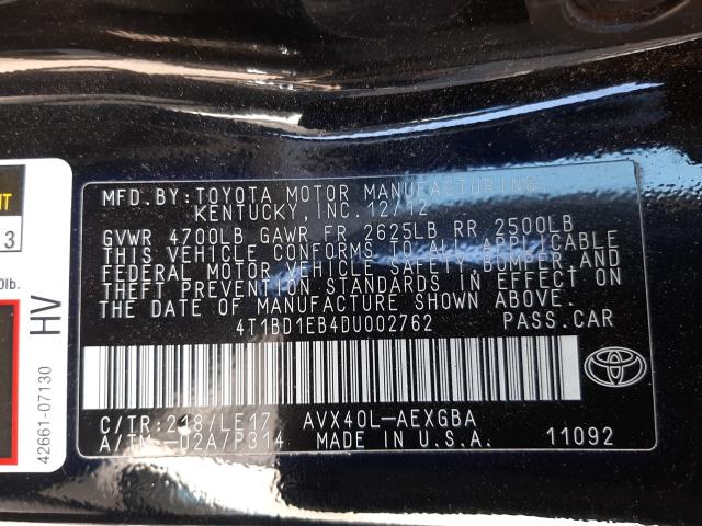 2013 TOYOTA AVALON HYB 4T1BD1EB4DU002762