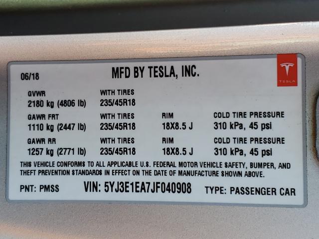2018 TESLA MODEL 3 5YJ3E1EA7JF040908