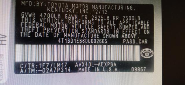 2013 TOYOTA AVALON HYB 4T1BD1EB6DU002665