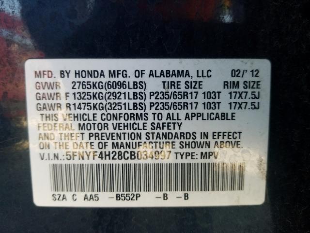 2012 HONDA PILOT LX 5FNYF4H28CB034997