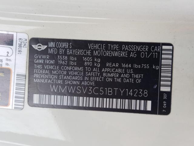 2011 MINI COOPER S WMWSV3C51BTY14238
