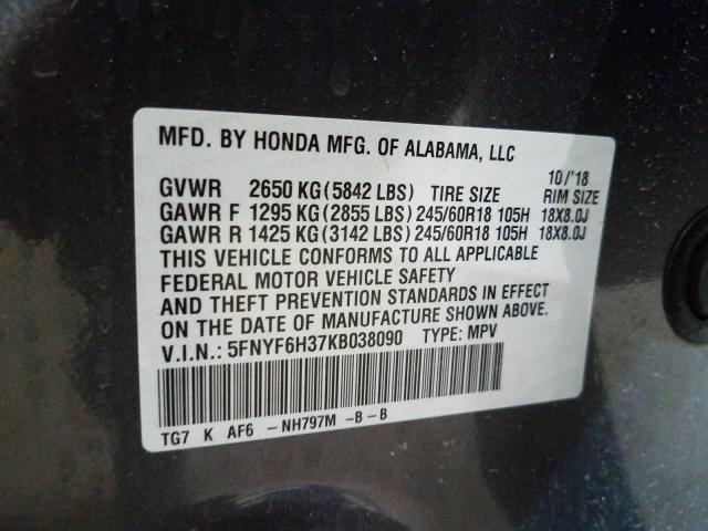 2019 HONDA PILOT EX 5FNYF6H37KB038090