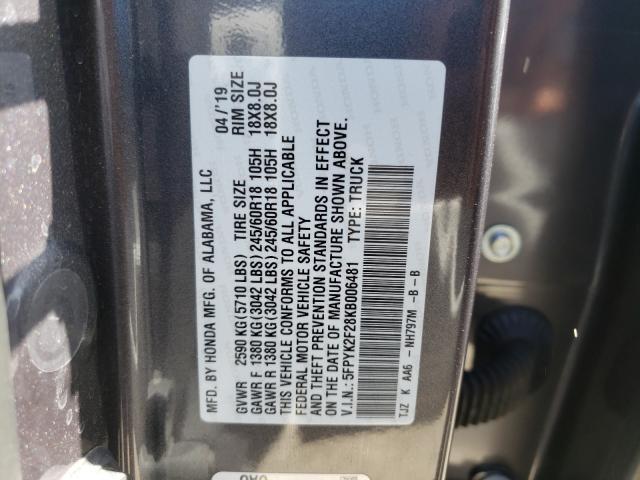 2019 HONDA RIDGELINE 5FPYK2F28KB006481