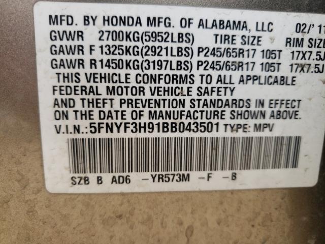 2011 HONDA PILOT TOUR 5FNYF3H91BB043501