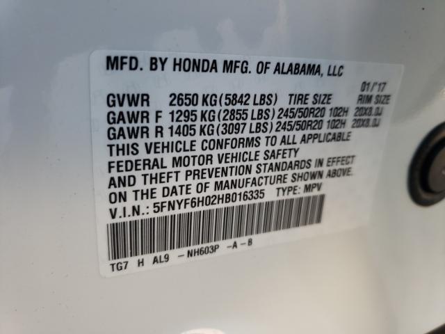 2017 HONDA PILOT ELIT 5FNYF6H02HB016335