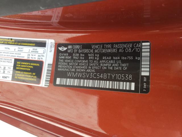 2011 MINI COOPER S WMWSV3C54BTY10538