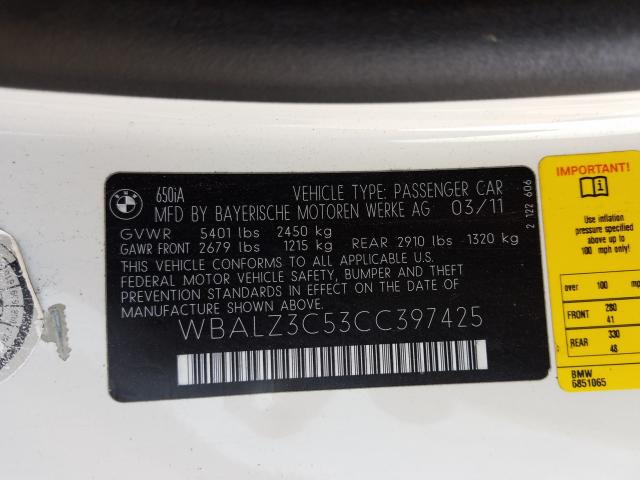 2012 BMW 650 I WBALZ3C53CC397425