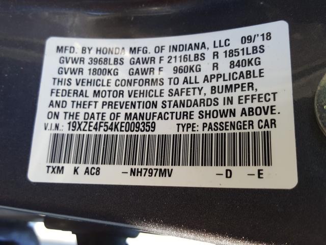 2019 HONDA INSIGHT EX 19XZE4F54KE009359