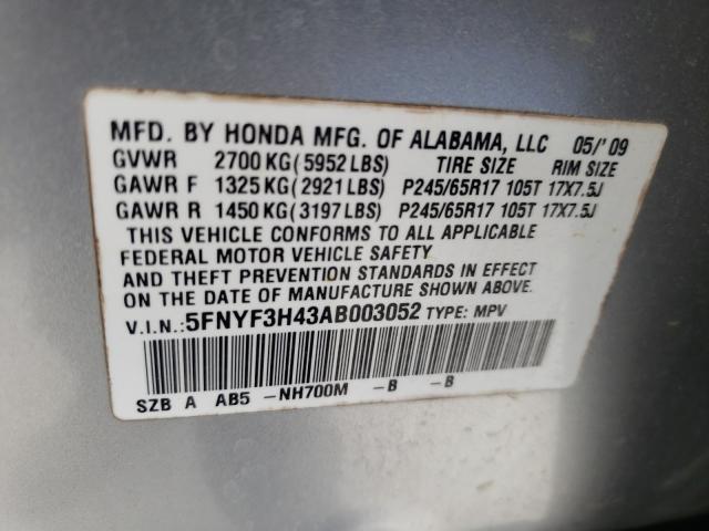 2010 HONDA PILOT EX 5FNYF3H43AB003052
