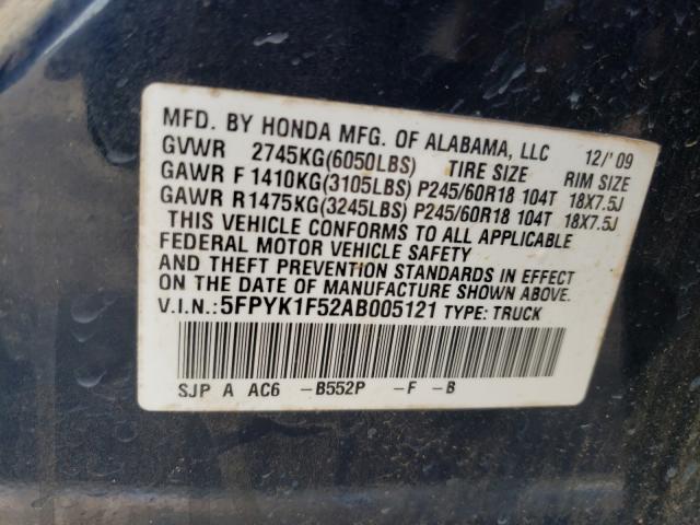 2010 HONDA RIDGELINE 5FPYK1F52AB005121