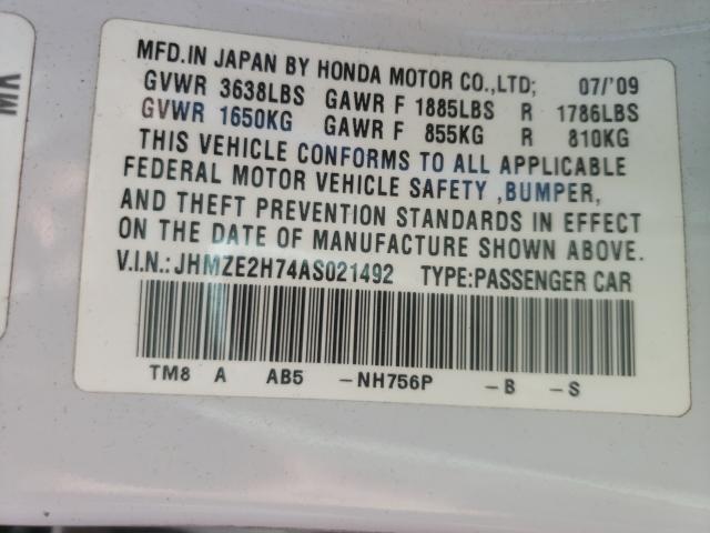 2010 HONDA INSIGHT EX JHMZE2H74AS021492